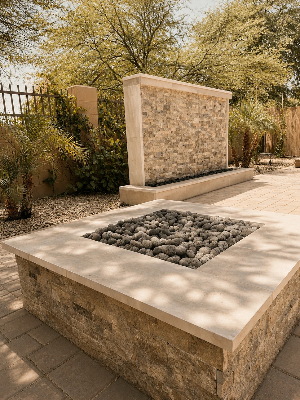 Fire Pit & Travertine Water Wall