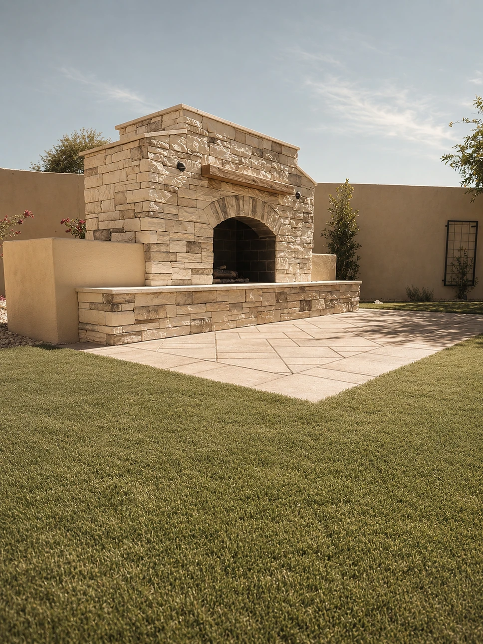 Stacked-Stone Fireplace & Lawn