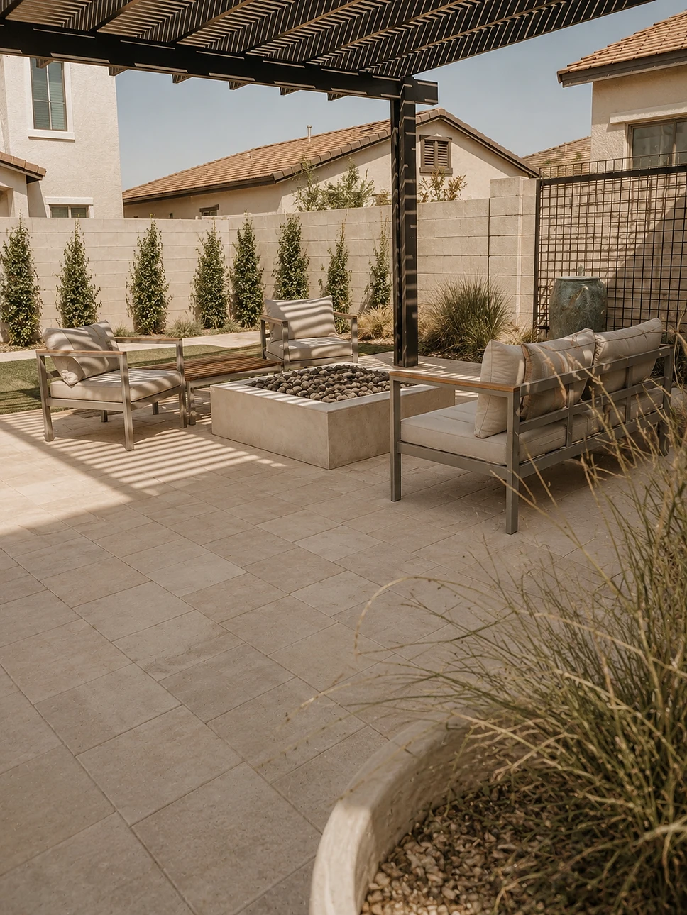 Steel Pergola Fire-Pit Lounge