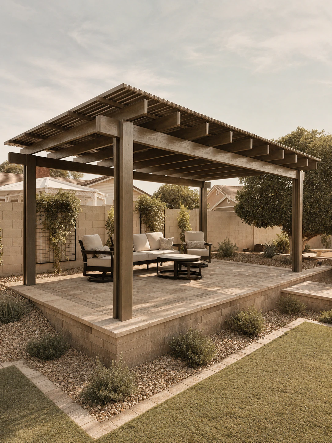 Raised Paver Pergola Patio